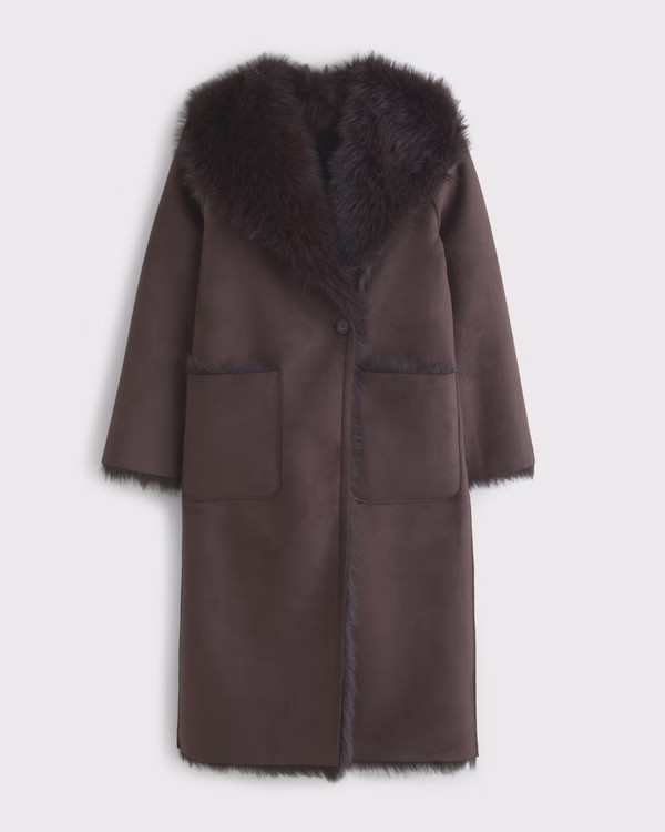Women's Reversible Vegan Suede Shearling Long Coat | Women's New Arrivals | Abercrombie.com | Abercrombie & Fitch (US)