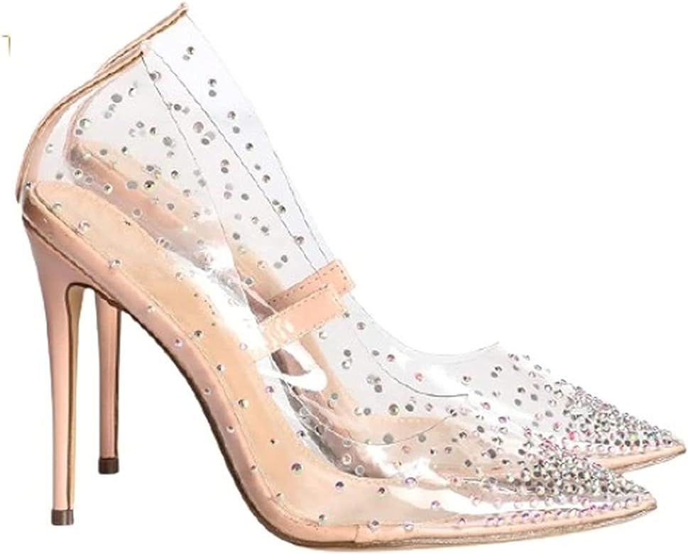 Amazon.com | Women Studded Pointed Toe Transparent Pumps high Heels Fashion Shoes Nude 7 | Shoes | Amazon (US)