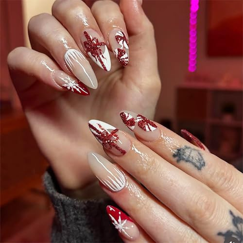 24Pcs Christmas Press on Nails Long Stiletto Fake Nails with Christmas Gift Candy Designs Red Glitter French Tip Glue on Nail Winter Snowflake Stick on Nail Reusable Holiday False Nails for Women | Amazon (US)