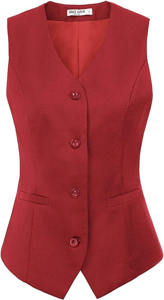 GRACE KARIN Women's V-Neck Slim Fit Office Bottoned Dressy Suit Vest Waistcoats | Amazon (US)