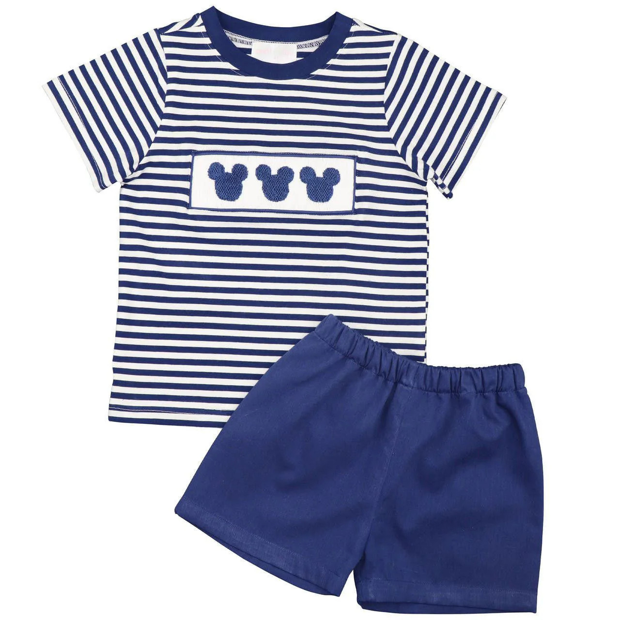 Navy Stripe Smocked Mouse Ears Short Set | Cecil and Lou
