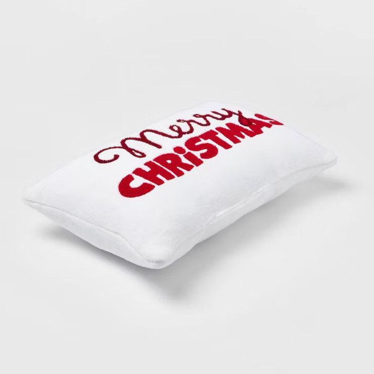 'Merry Christmas Embroidered' Plush Lumbar Christmas Throw Pillow Cream/Red - Wondershop™ | Target