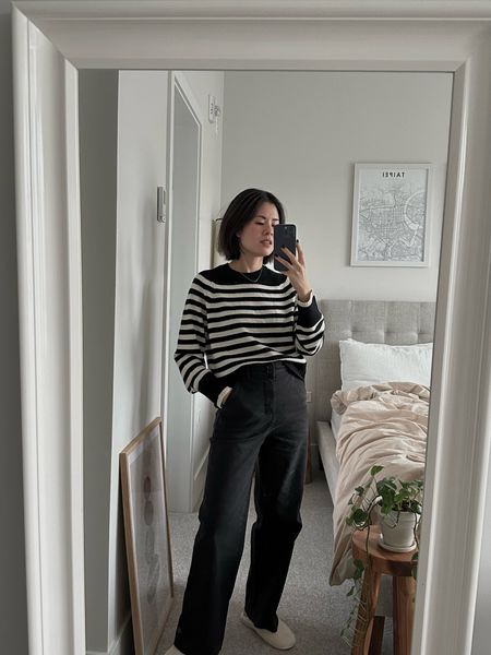 Sweater: highly recommend this sweater. Cashmere, comfy and flattering. Tts
Pants: sized down. They stretch about 1 size 

Both pieces on sale 

#LTKCyberWeek