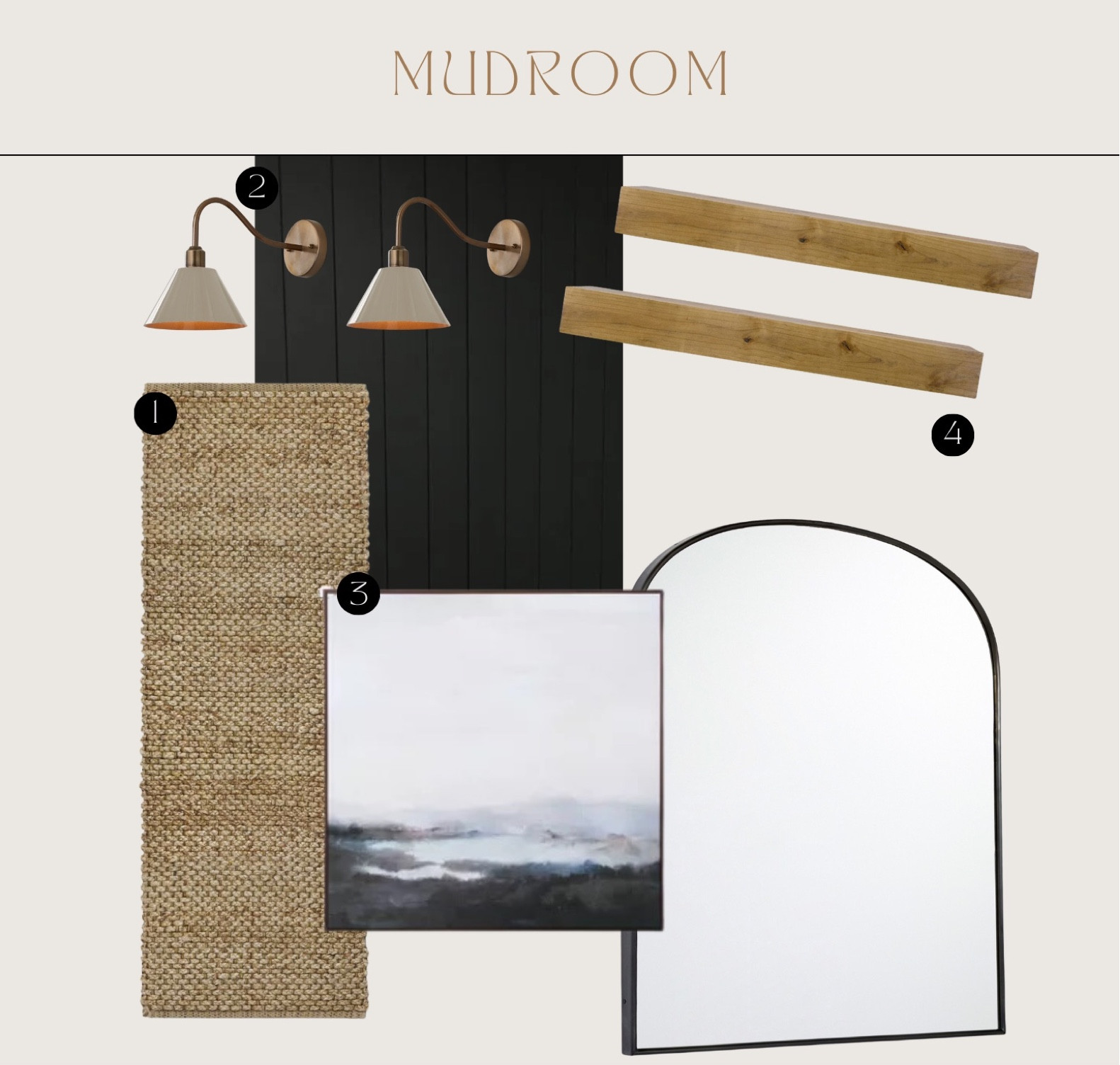 Mudroom into with large arched mirror, large art, wall sconces, and jute rug.

#LTKhome #LTKstyletip