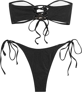 ZAFUL Women's Bandeau Bikini Shiny Metal Ring Decor Lace Up Tied Side High Cut Strapless Swimsuit | Amazon (US)