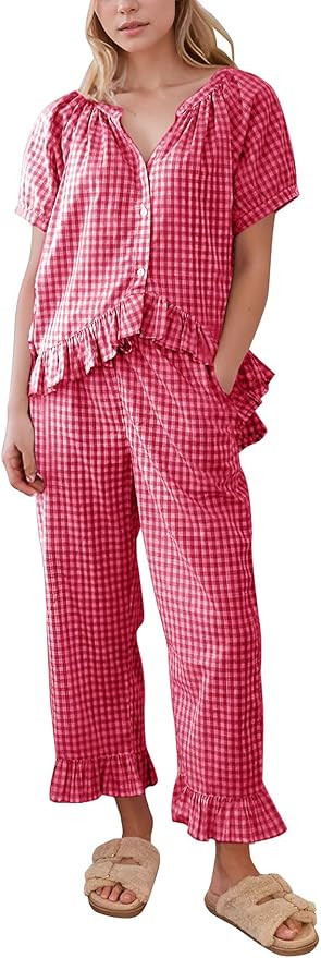 Flygo Womens Plaid 2 Piece Pajamas Sets Gingham Button Down Puff Sleeve Babydoll Shirt Ruffle Pan... | Amazon (US)