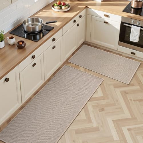 AMOAMI Kitchen Rugs Sets of 2-Absorbent Kitchen Runner Rugs Non Skid Washable-Easy to Clean and Maintain Kitchen Mats for Floor for in Front of Sink, Laundry, Office, 20"*32"+20"*47", Beige | Amazon (US)