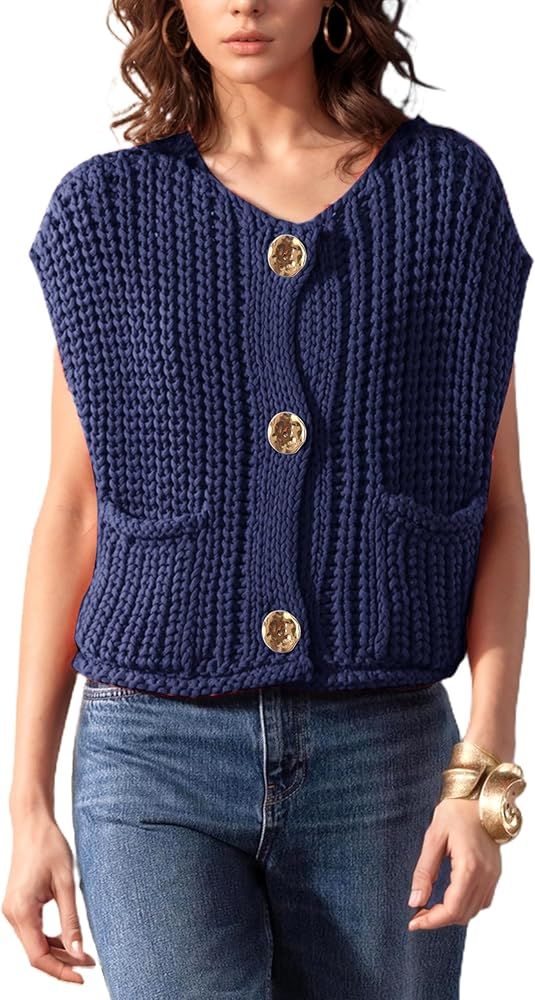 Womens Casual Chunky Knit Vest Gold Button Down Crop Crochet Sleeveless Sweater Vest | Amazon (US)