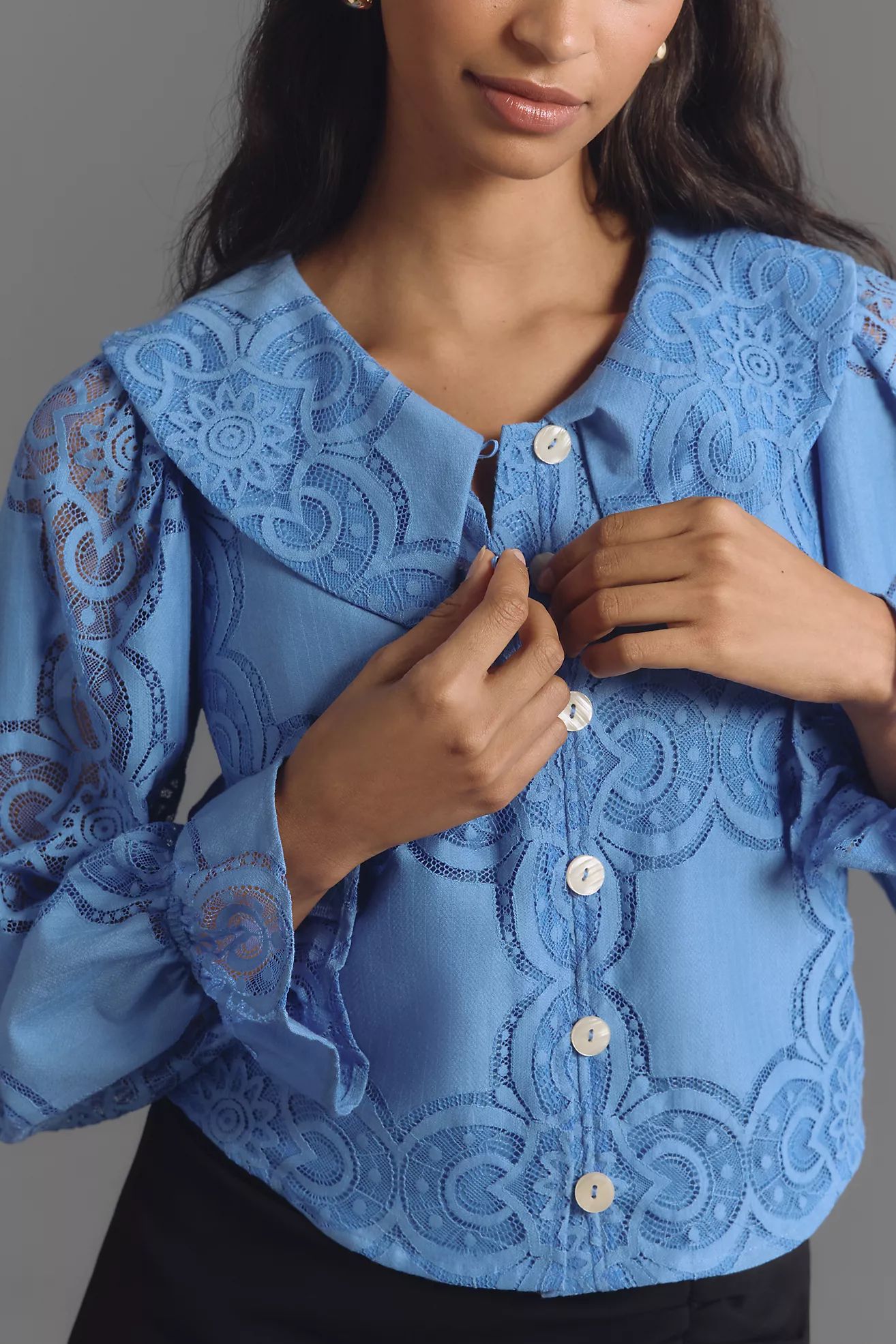 Maeve Long-Sleeve Collared Flower-Button Lace Blouse | Anthropologie (US)