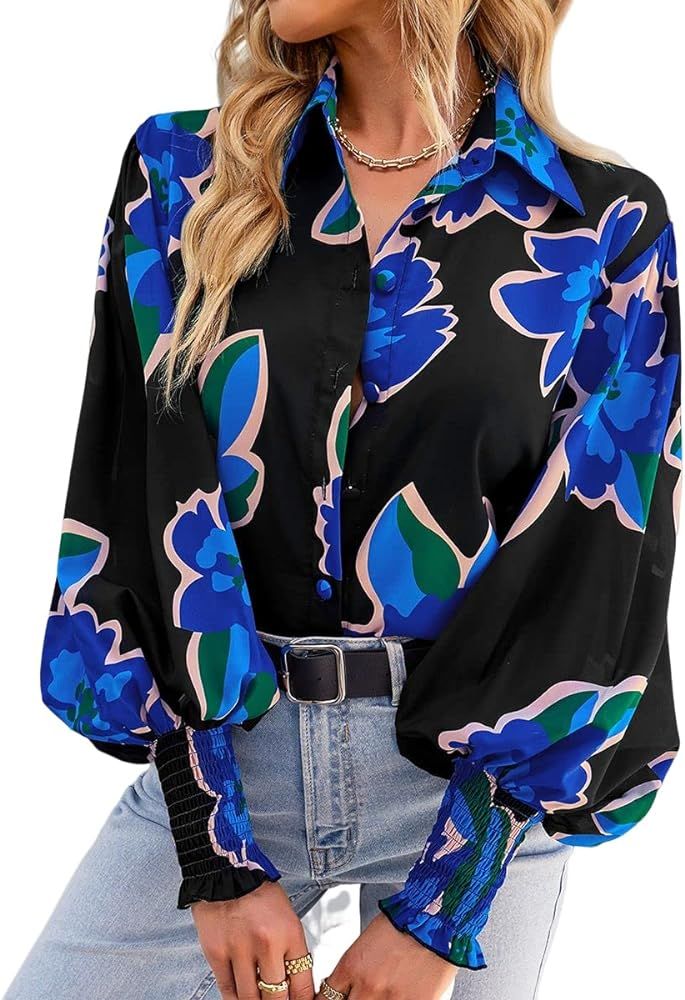 Mincib Women's Long Lantern Sleeve Blouse Casual Oversize Button Down Shirt Floral Tops | Amazon (US)