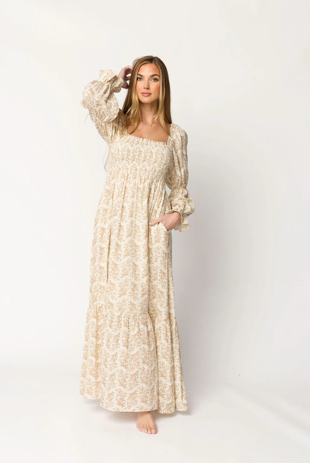 Emerson Smocked Gauze Maxi Dress with Long Sleeves in Natural - Bump F | Worth Collective