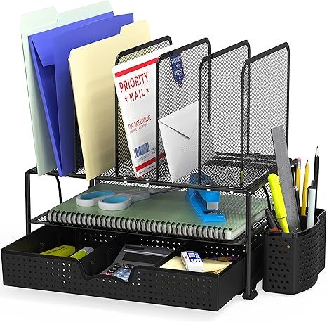 SimpleHouseware Mesh Desk Organizer with Sliding Drawer, Double Tray and 5 Upright Sections, Blac... | Amazon (US)