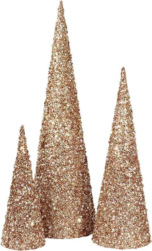 Set of 3 Champagne Gold and Pearl Glittered Christmas Topiary Trees- 24 Inches, 17.5 Inches and 1... | Amazon (US)