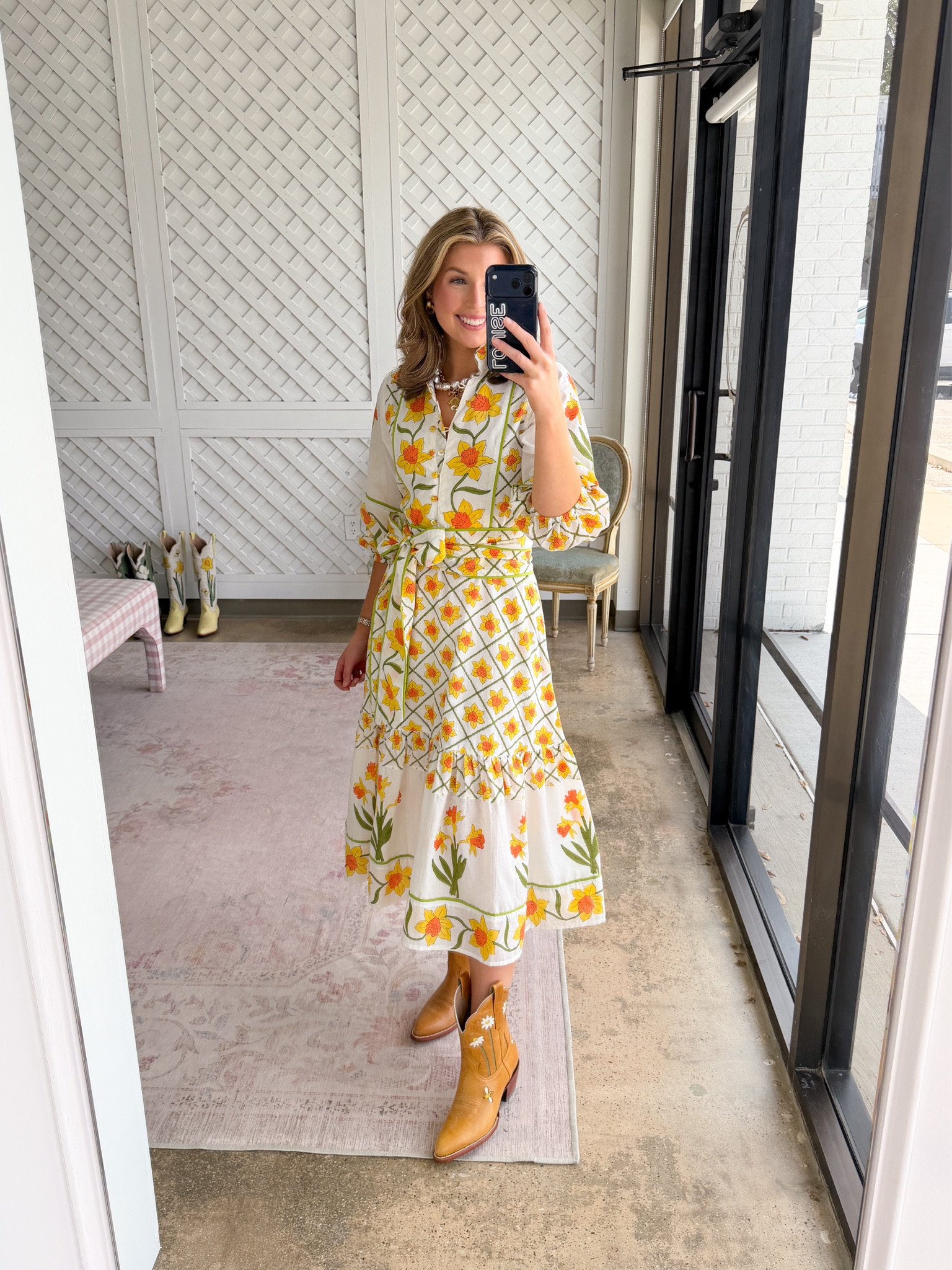 Spring outfit idea! Wearing an XS in dress. Boots are from Petite Paloma - can’t link in LTK 💗