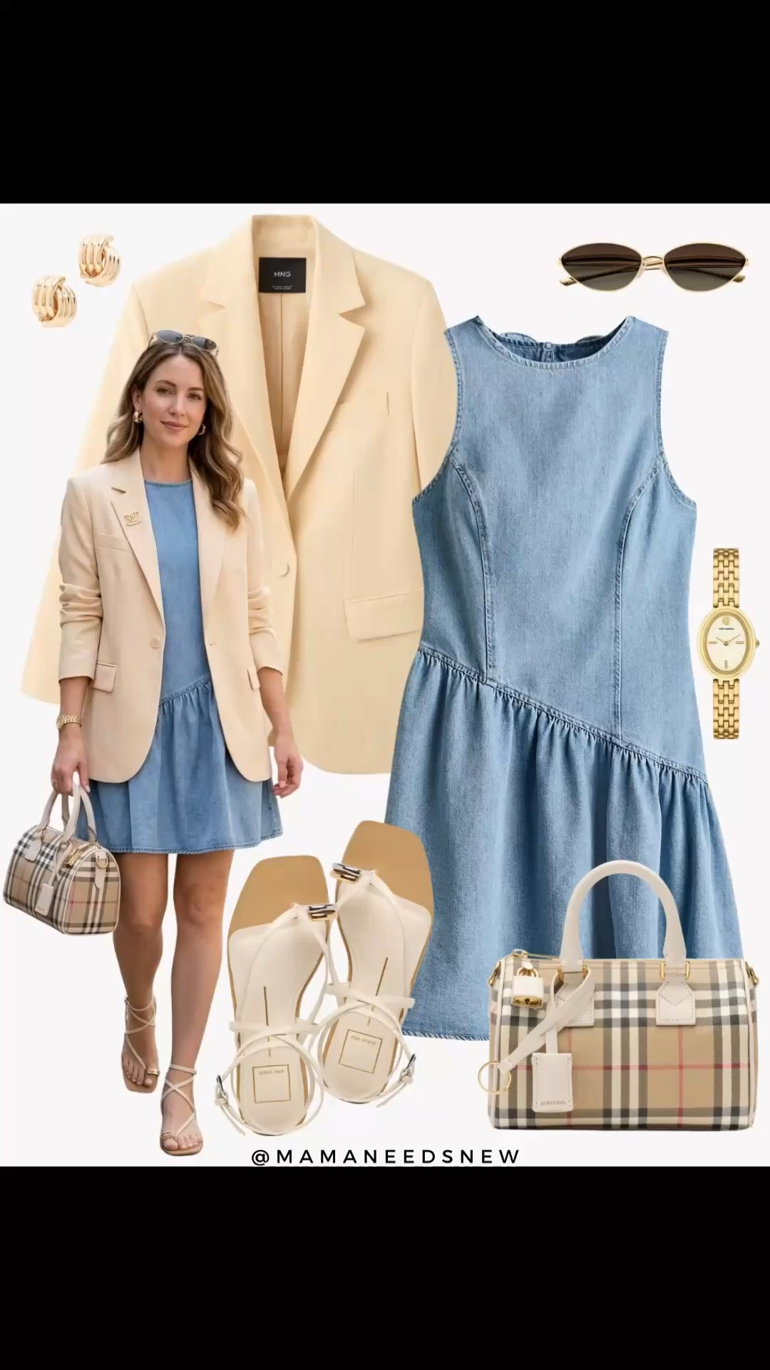 A spring to summer outfit with blazer, denim dress, sandals, top handle bag 💛🩵

#LTKSeasonal #LTKSaleAlert #LTKootd