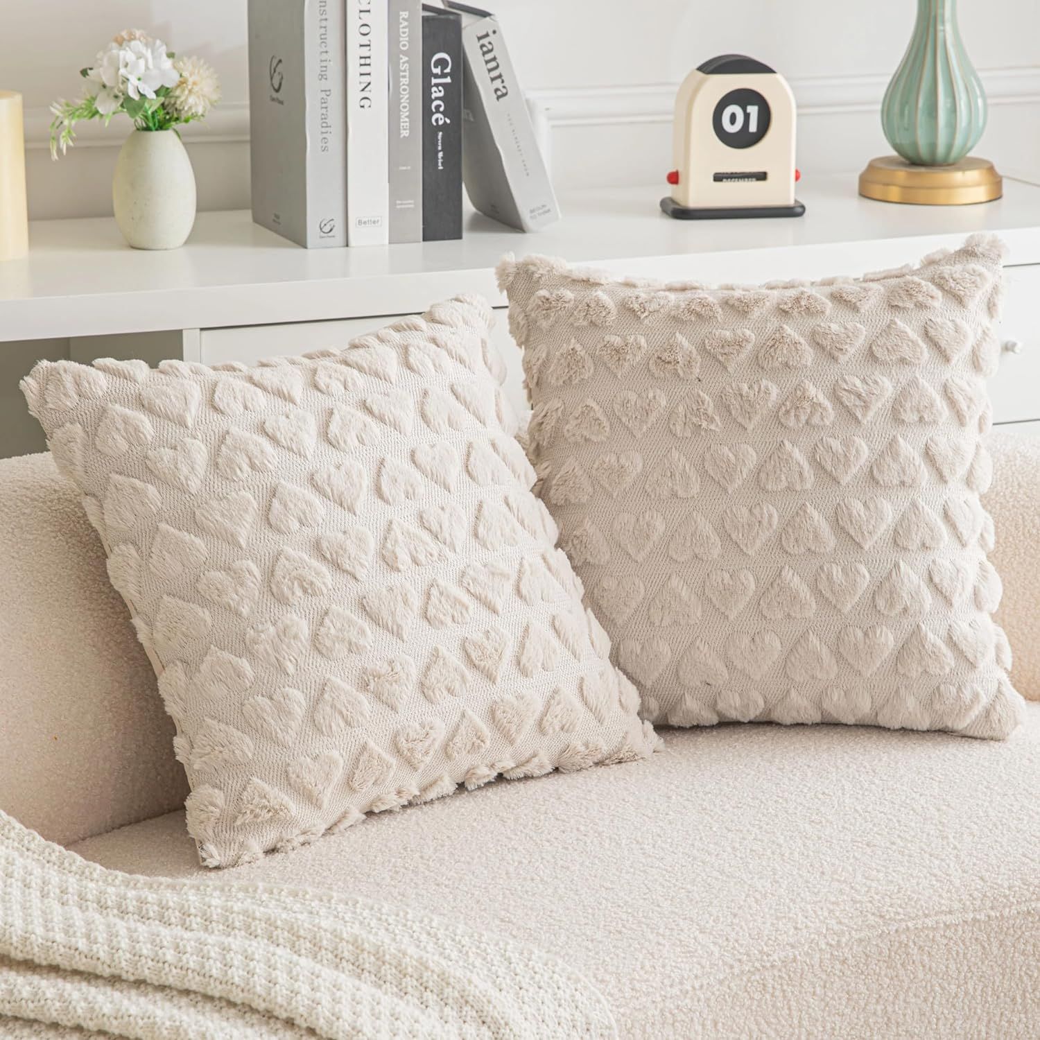 AQOTHES Set of 2 Heart Love Cute Beige Decorative Throw Pillow Covers 18x18, Soft Plush Faux Fur ... | Amazon (US)