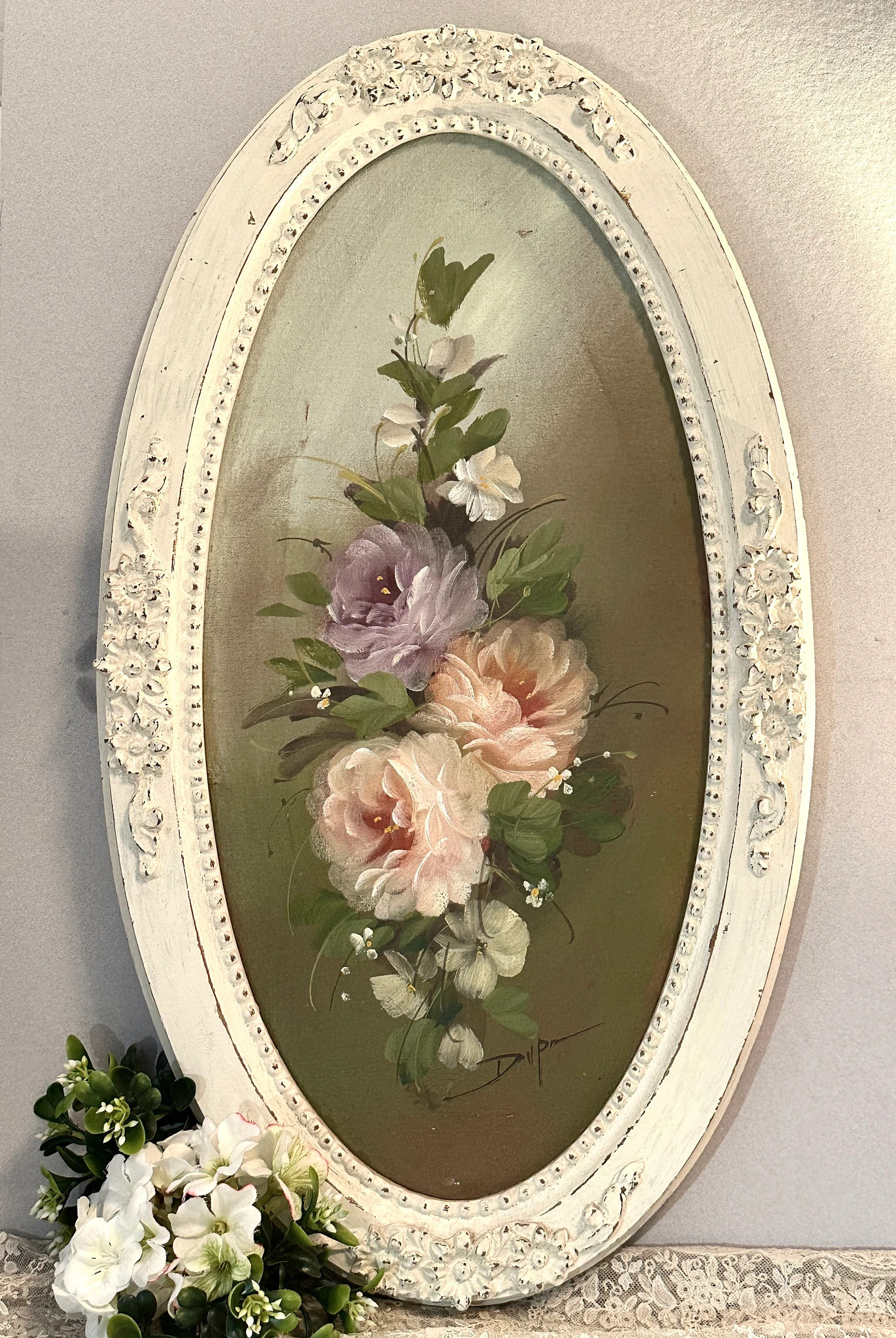 Shabby Chic Vintage Framed Oil Painting with Roses, Signed Original Rose Oil on Canvas, Country C... | Etsy (US)