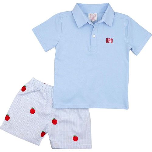 Blue Gingham Embroidered Apple Polo Short Set | Cecil and Lou