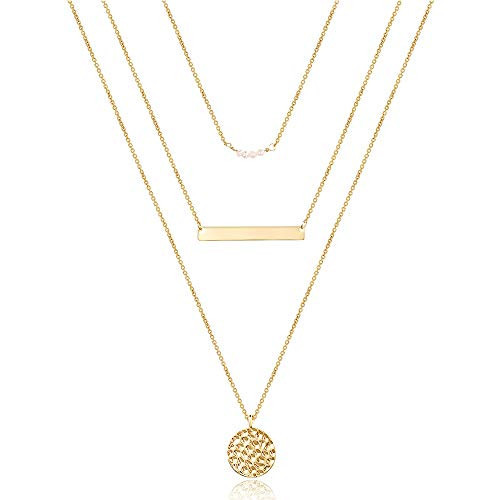 Dainty Layering Simulated Pearls Bar Necklace Hammered Disc Pendant Necklaces Simple Layering Necklace Choker for Women | Amazon (US)