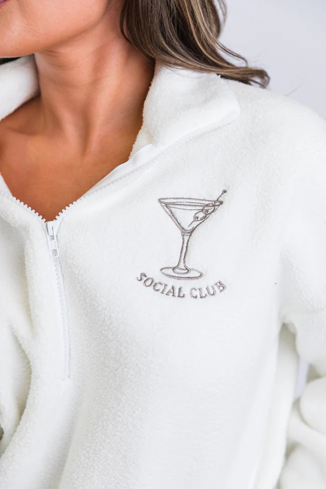 After Hours Ivory and Taupe Social Club Martini Embroidered Fleece Pullover DOORBUSTER | Pink Lily