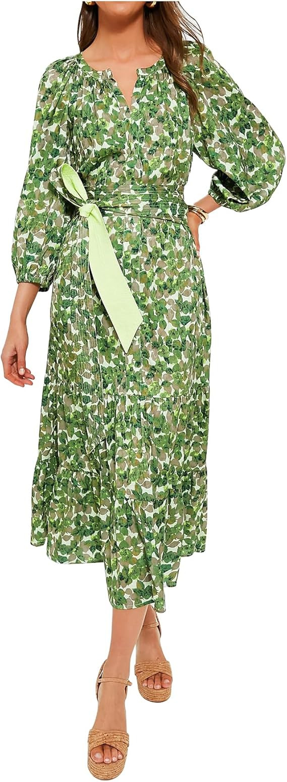 Women's Ruffle Maxi Dress Puff Sleeve Flowy Tiered Long Dress with Belt Elegant Party Dress | Amazon (US)