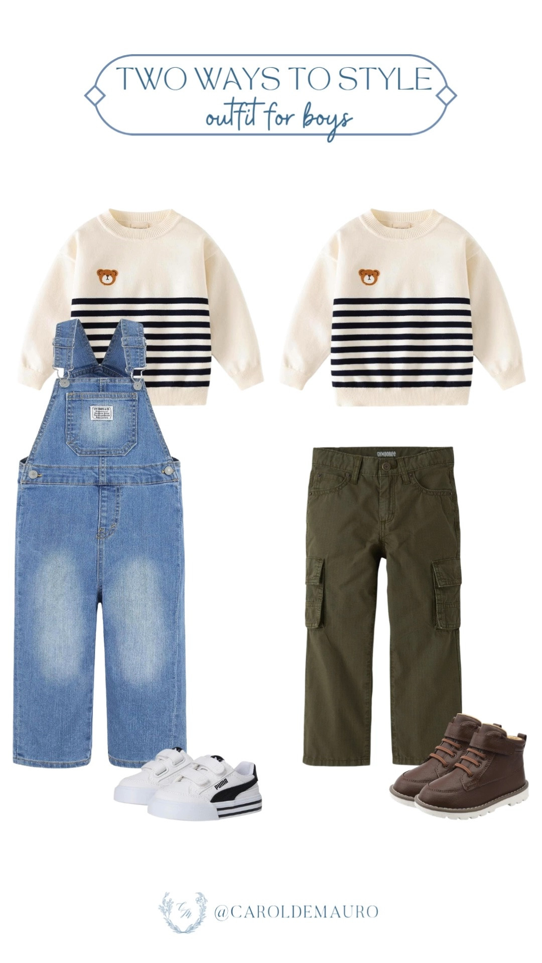two ways to style, outfit for boys, how to style, toddler outfits, striped sweater for kids, cargo pants for boys, denim overalls for toddlers, sneaker for kids, booties for toddlers, kids wardrobe kids fashion, amazon kids

#LTKootd #LTKKids