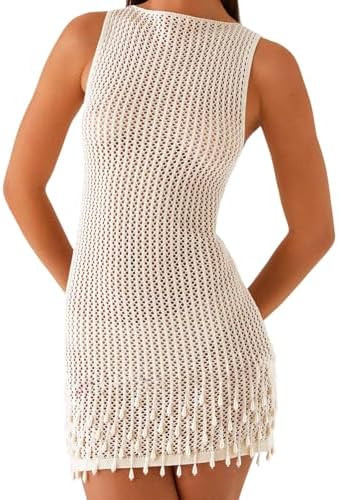 SOOKABEILA Women Knitted Mini Dress Y2k Sleeveless Crochet Bodycon Short Dress Hollow Out Ruffle ... | Amazon (US)