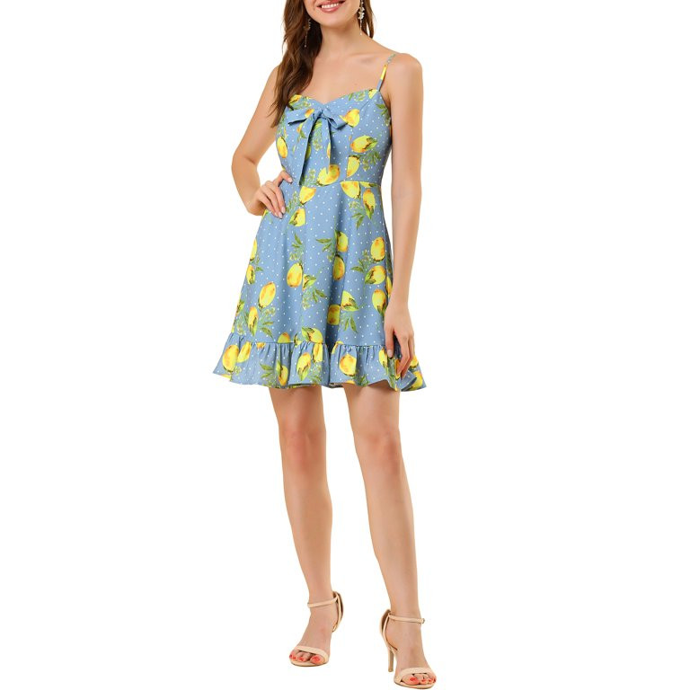 Allegra K Women's Spaghetti Strap Bowknot Lemon Dotted Dresses - Walmart.com | Walmart (US)