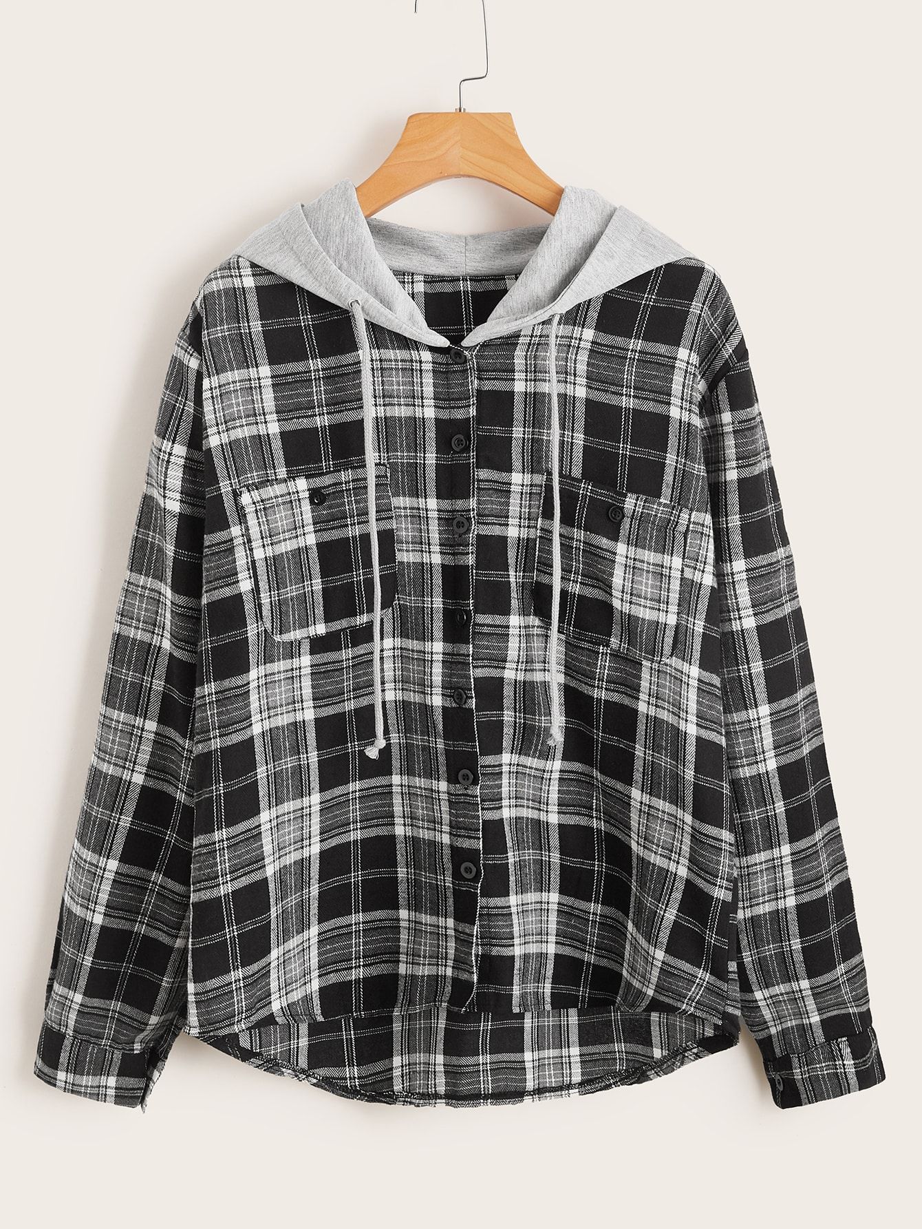 Plaid Contrast Drawstring Hooded Flannel Shirt | SHEIN