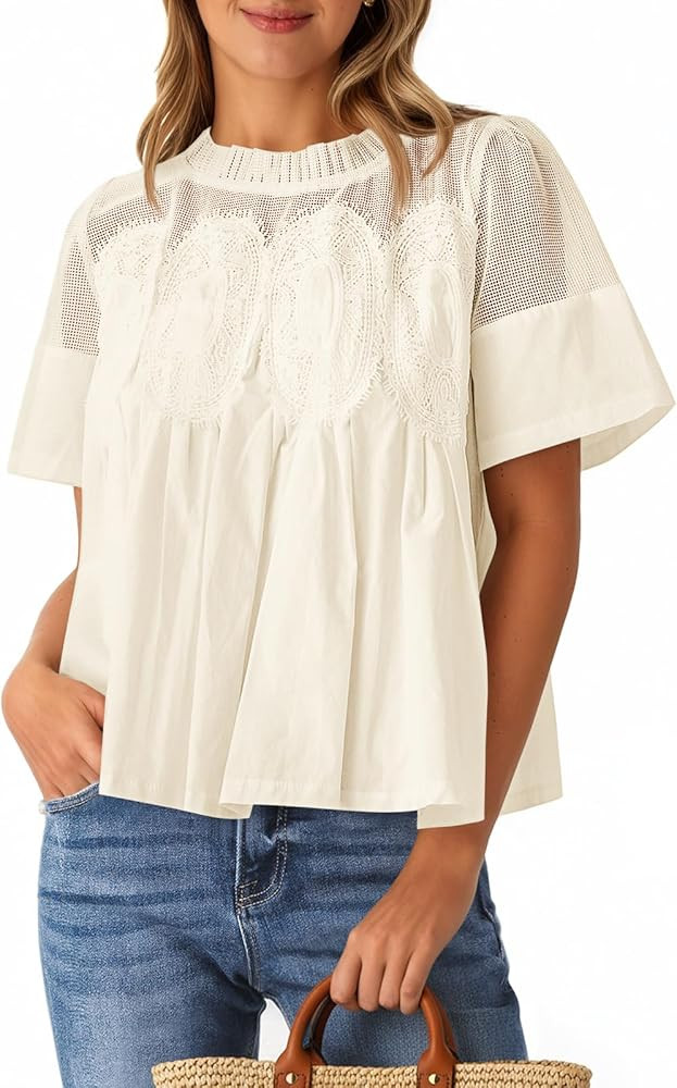 Cicy Bell Womens Babydoll Lace Blouses Short Sleeve Ruffle Crew Neck Peplum Tops Dressy Casual Lo... | Amazon (US)