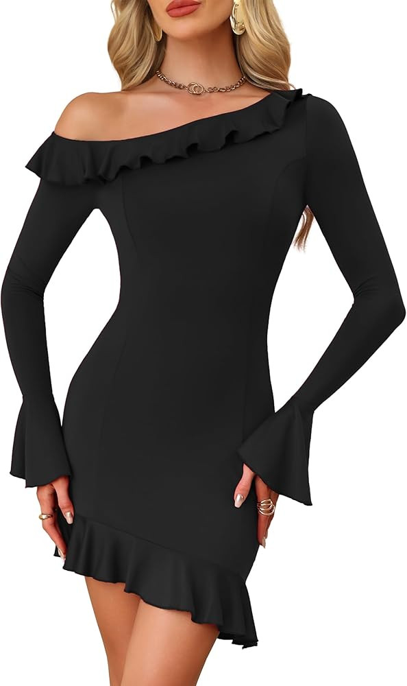 BDUCK+ Women’s One Shoulder Bodycon Mini Dress Flare Long Sleeve Ruffle Asymmetrical Evening Pa... | Amazon (US)