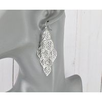 Silver Chandelier Earrings Filigree Leaf Leaves Dangle Cut Out Pattern Lightweight 2 7/8"" Long Shin | Etsy (US)