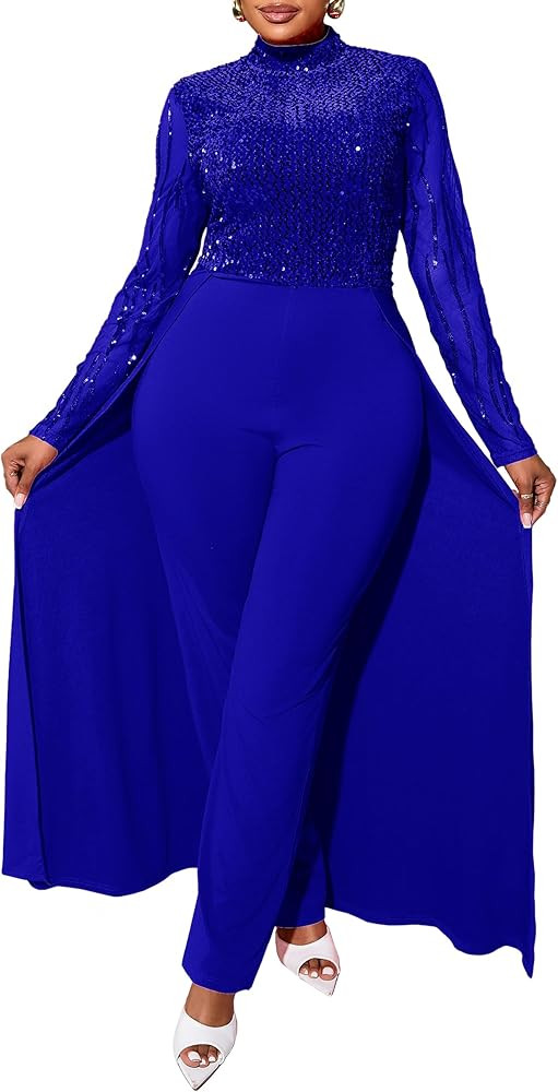 VERWIN Plus Size Sequins Jumpsuit for Women Patchwork Overlay Full Length Women's Jumpsuit High-W... | Amazon (US)