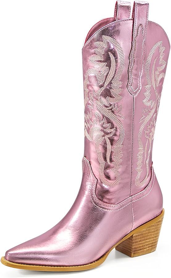 Ouepiano Women's Western Cowboy Embroidered Mid Calf Boots, Almond Pointed Toe 6cm Medium Chunky ... | Amazon (US)