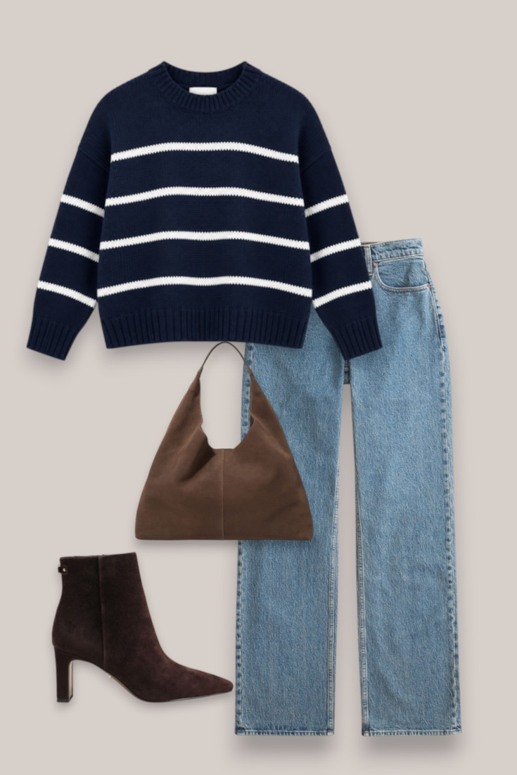 Striped knit + jeans + brown ankle boots
The kind of fall outfit that never really dates. A striped knit, straight-leg jeans, suede ankle boots and an oversized brown bag for an easy everyday look.

#LTKautumn #LTKjeans #LTKstyletip