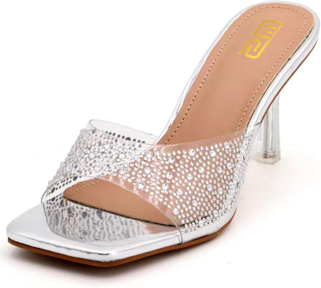 Women's Rhinestone Stiletto Sandals Elegant Square Open Toe Backless Slip-On Dress Shoes with Cle... | Amazon (US)