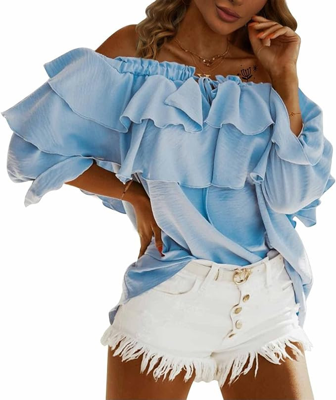 Byinns Women's Off Shoulder Ruffle Long Sleeve Blouses Casual Layered Tops | Amazon (US)