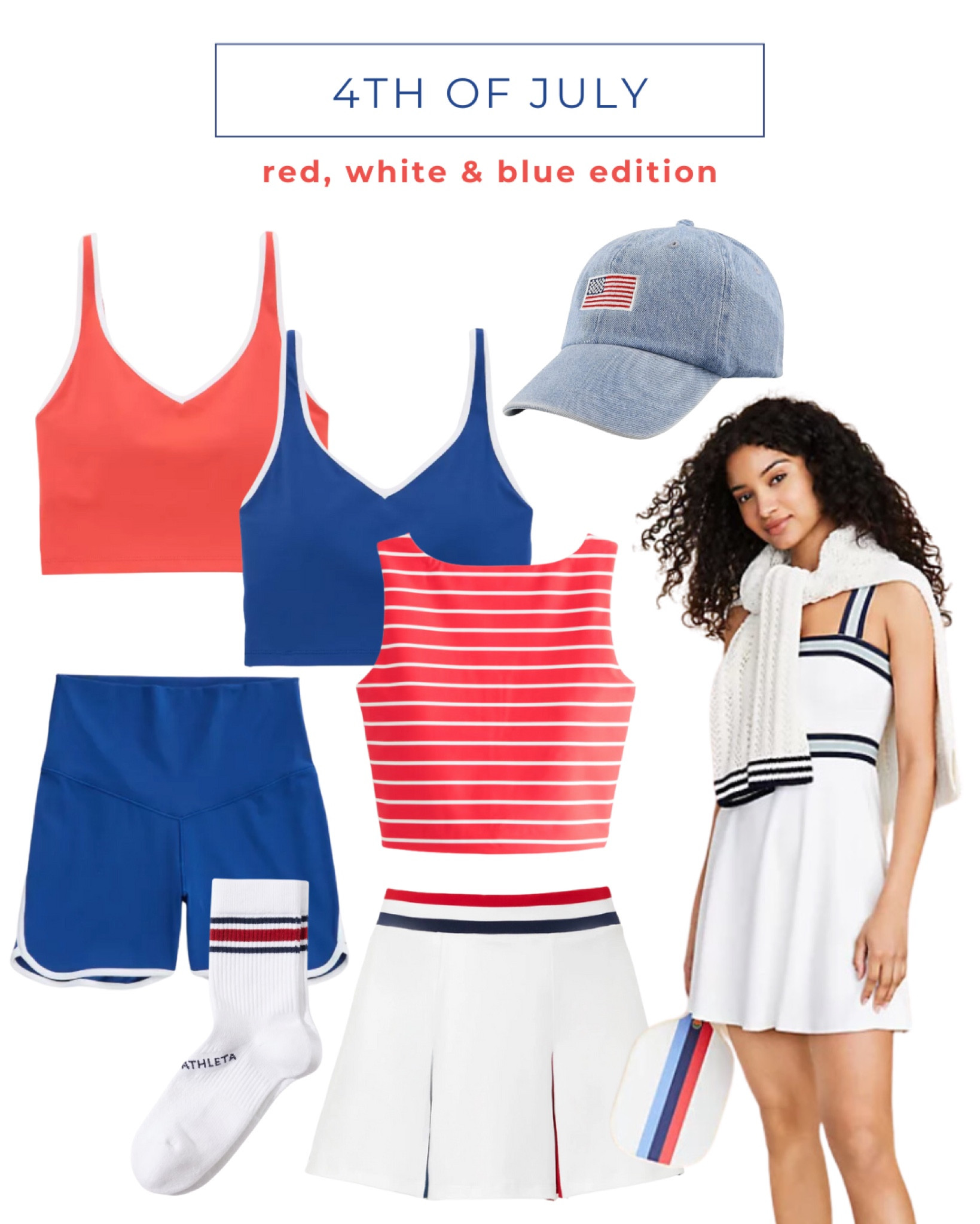 4th of July, tennis skirt, activewear, pickleball dress, crew socks, white socks with stripes, red sports bra, blue sports bra, white tennis skirt, 4th of July outfit 

#LTKActive #LTKSummerSales #LTKFindsUnder100