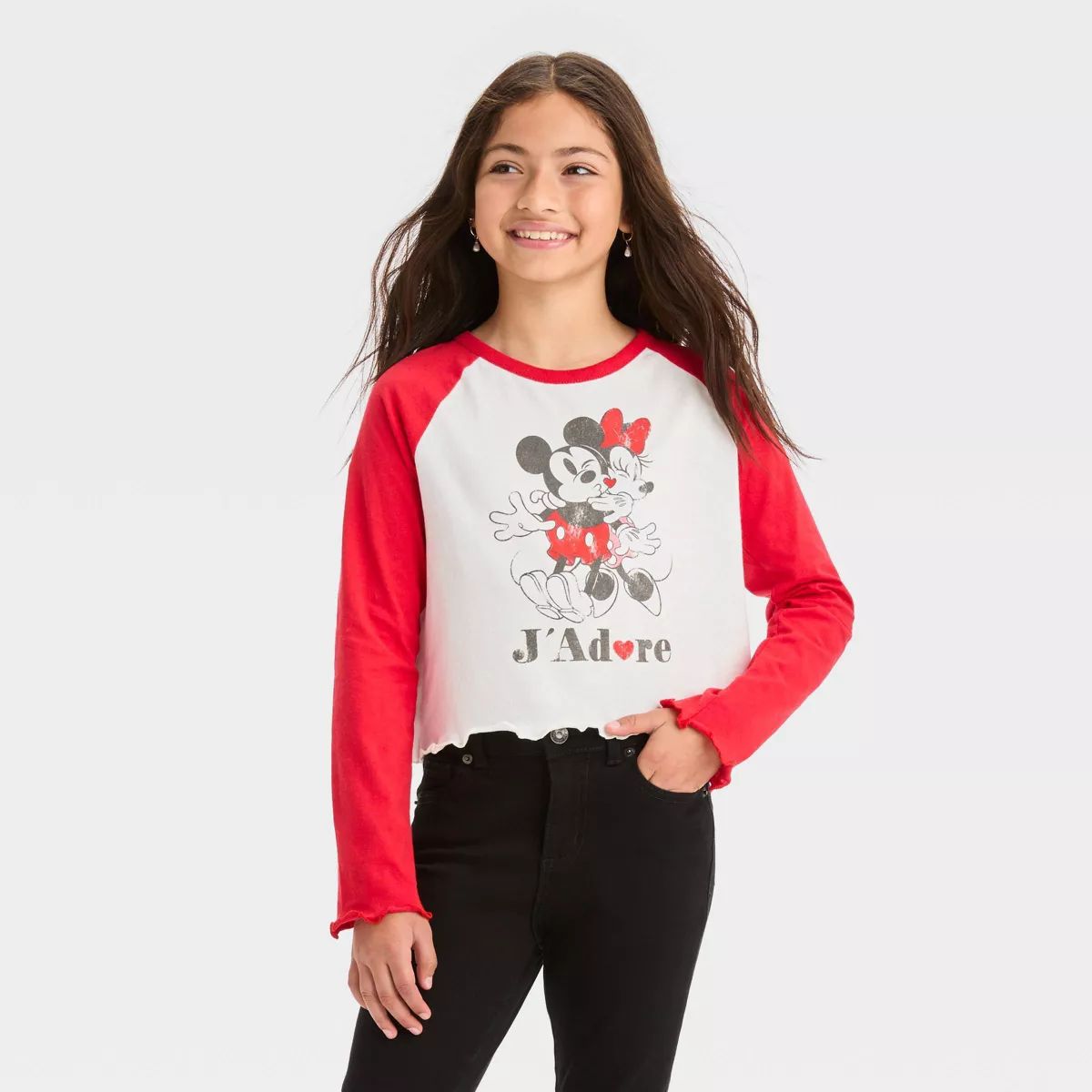 Girls' Mickey Mouse & Friends J'adore Long Sleeve Graphic T-Shirt - Red | Target