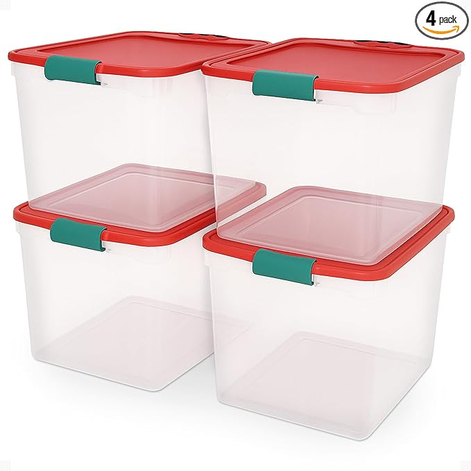 HOMZ 4-Pack Holiday Tote, Plastic Storage Organizer Bins with Lids, 31 Quart, Clear/Red - Stackab... | Amazon (US)