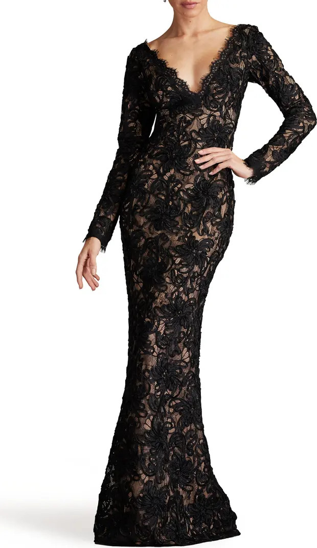 SHO by Tadashi Shoji Lace Plunge Neck Long Sleeve Gown | Nordstrom | Nordstrom