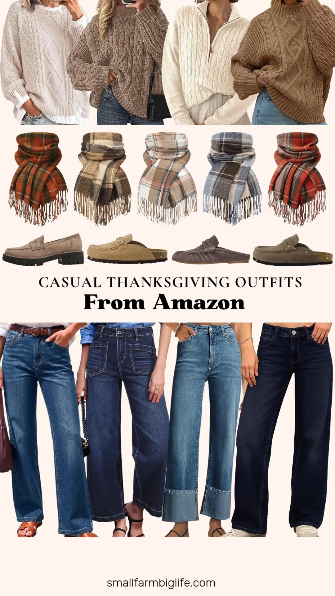 🦃 Casual Thanksgiving Outfits From Amazon

Wide leg jeans, a chunky sweater, and a plaid blanket scarf make an easy casual Thanksgiving outfit that's cozy enough for a long day at the table. For jeans, pick vintage blue high waisted wide leg jeans, dark blue ankle length wide leg jeans with patch pockets, medium blue wide straight leg jeans with an elastic waist and tummy control, or dark denim baggy boyfriend jeans. Pair them with a chunky cable knit sweater: a khaki oversized crewneck, a beige ribbed quarter zip, a camel button up turtleneck, or a cream oversized cable knit. Then add an oversized plaid blanket scarf for color. There are five color combinations: orange and green, khaki and brown, camel grey and cream, light blue brown and beige, or orange tan and brown. For fall shoes, slip on suede mules and loafers keep you comfortable, including dark taupe suede penny loafer mules, sand suede clog mules with gold horsebit detail, taupe leather mule clogs with a penny strap, or light taupe chunky platform penny loafers. These relaxed layers make comfortable fall outfits for women over 50, and they're just as easy for Friendsgiving, holiday travel, and fall weekends.

#amazonfashion #amazonfinds #thanksgivingoutfit #blanketscarf #falloutfits 

 #LTKgrwm #LTKootd #LTKOver40