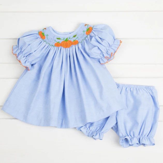 Pumpkin Cluster Smocked Blue Bloomer Set | Classic Whimsy