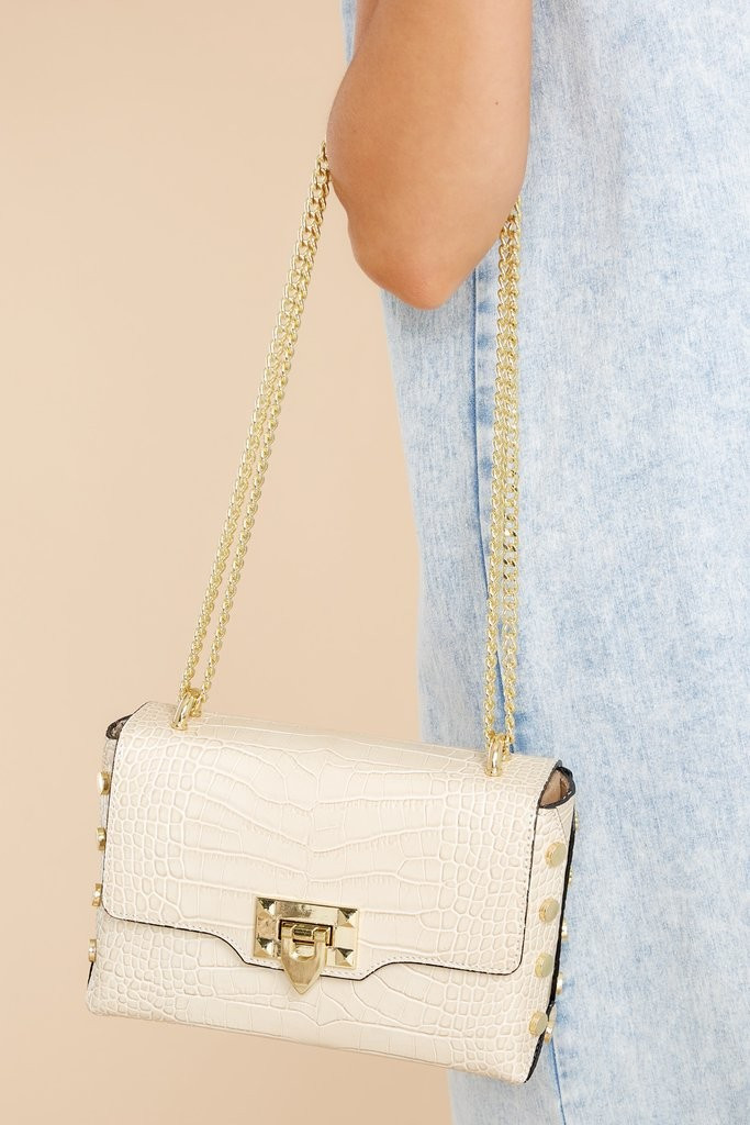 Embellished Edge Cream Snake Print Studded Bag | Red Dress 