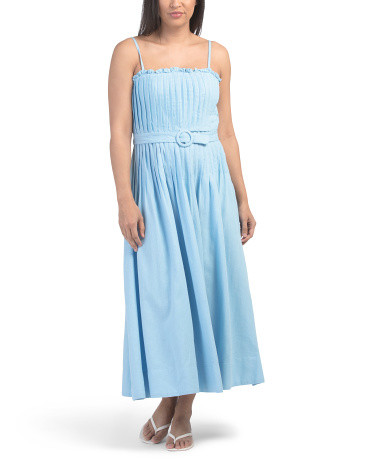 Linen Blend Pleated Dress With Belt | TJ Maxx