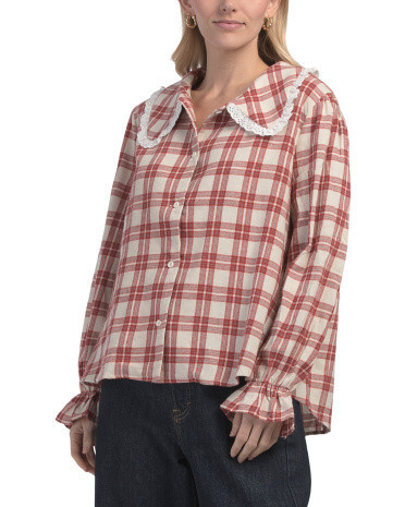 Plaid Peter Pan Collar Top For Women, Cotton | TJ Maxx