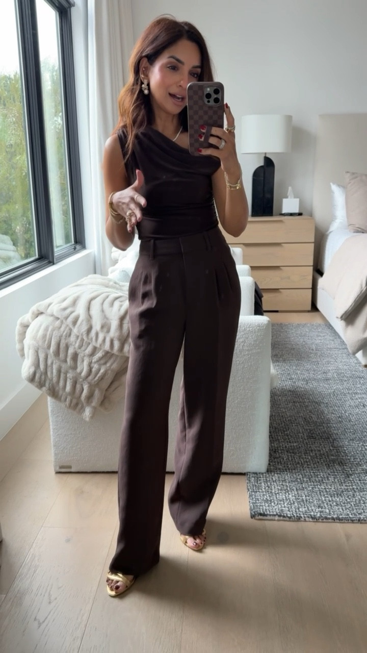 Holiday work event outfit inspo from Aritzia! I love pairing a professional, elevated pant like this with a chic top and statement earrings or heels. Office appropriate but still elevated for the holidays. These are truly my favorite pants! I’m wearing size XS in the top and 24 short in the pants 🤎

#LTKHoliday #LTKPetite #LTKSeasonal