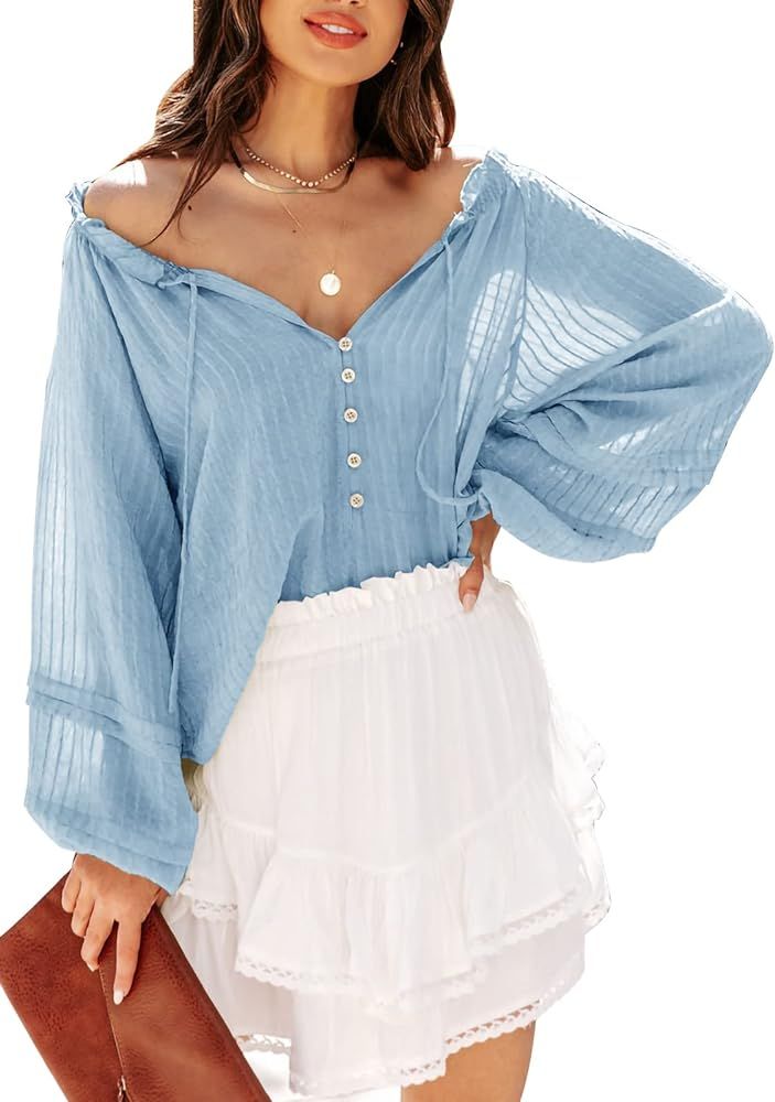 Women's Sexy Deep V Neck Blouse Lantern Long Sleeve Chiffon Shirt Oversized Drawstring Silk Satin... | Amazon (US)