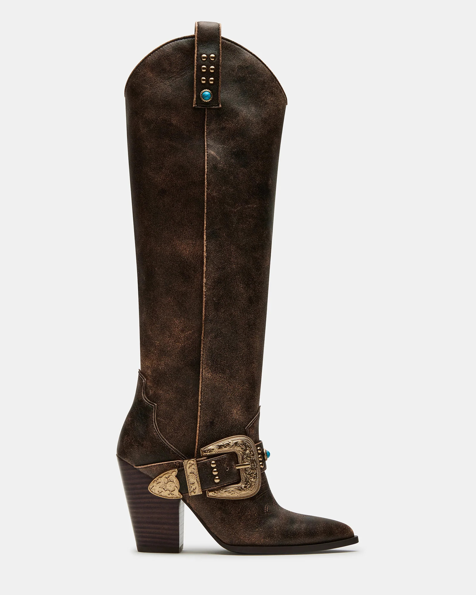LASSO Buckle Brown Distressed Western Boot | Women's Boots | Steve Madden (US)