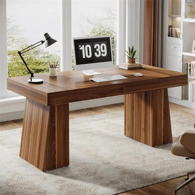 55" Mid-Century Modern Executive Desk â€“ Home Office Computer Workstation With Double Trapezoid Base, Stylish Writing Table & Conference Desk, Wooden | Wayfair North America